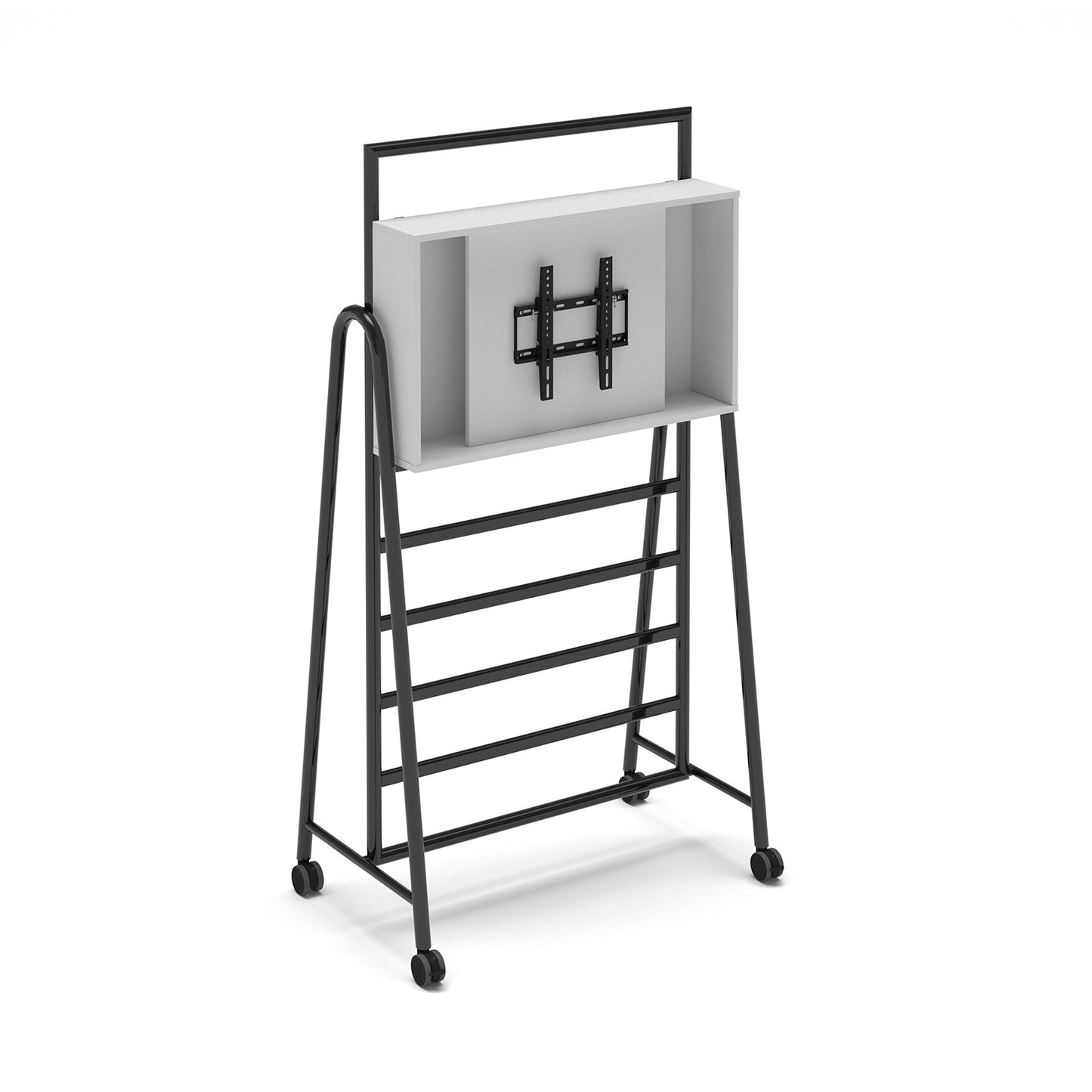Show media unit add-on with TV bracket for mobile A-frame caddy system