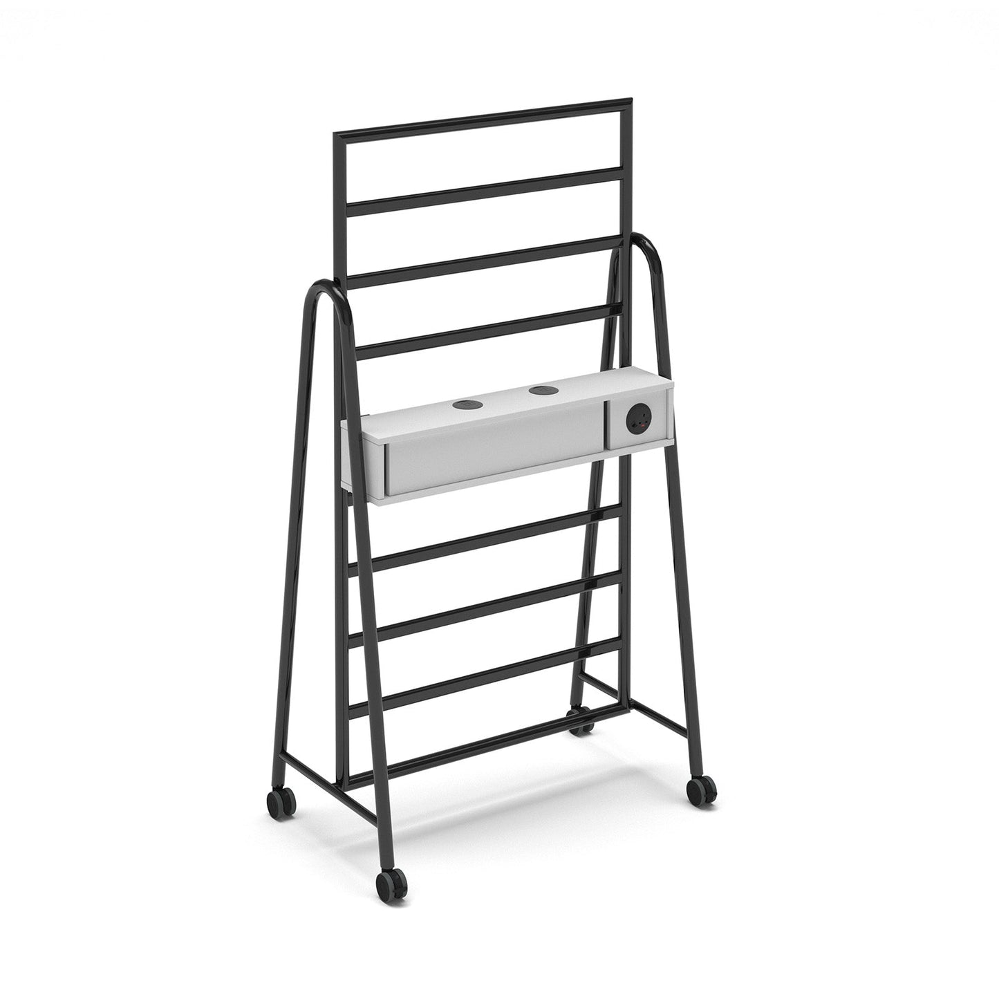 Show power bar add-on with battery and Pixel power module for mobile A-frame caddy system