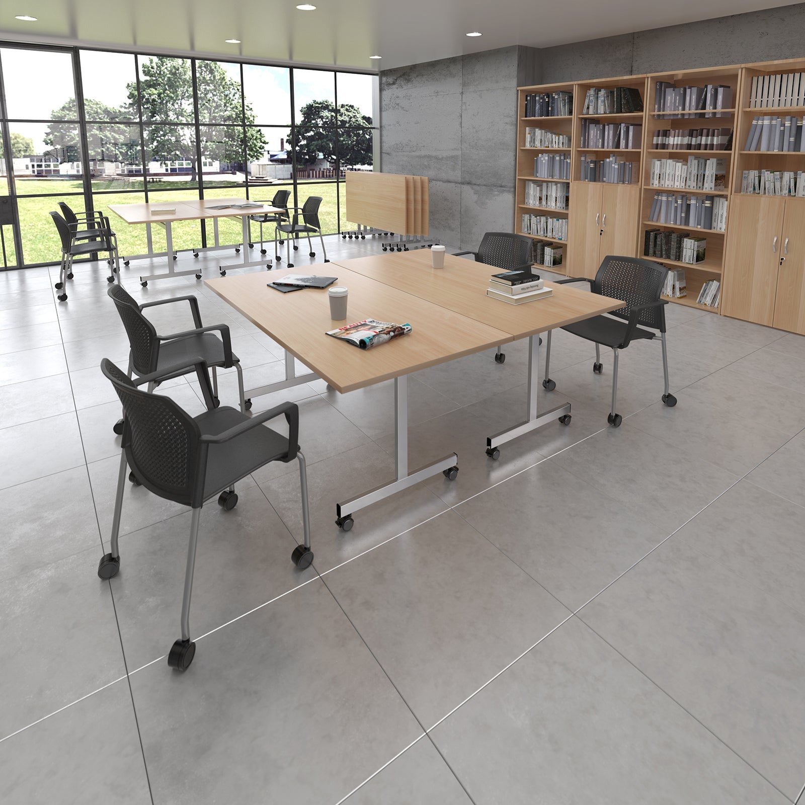 Santana 4 leg mobile chair with fabric seat and perforated back