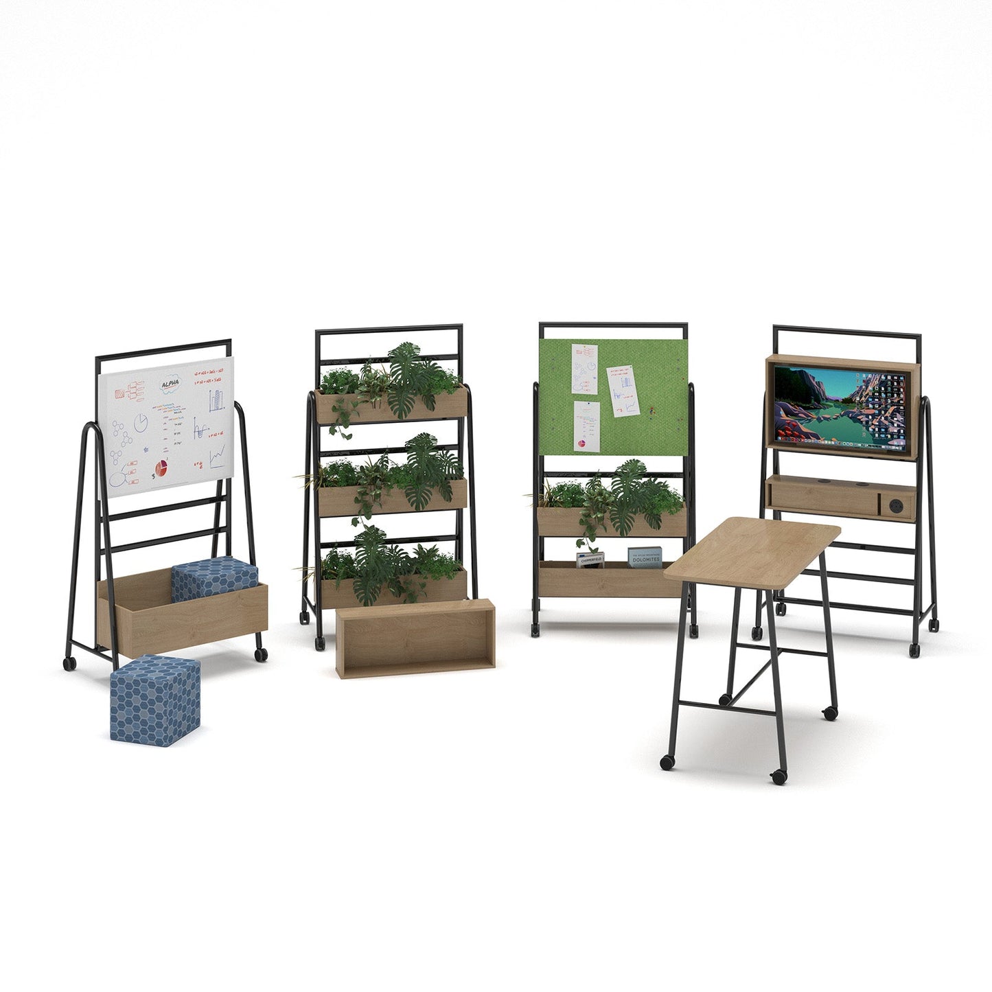 Show power bar add-on with battery and Pixel power module for mobile A-frame caddy system