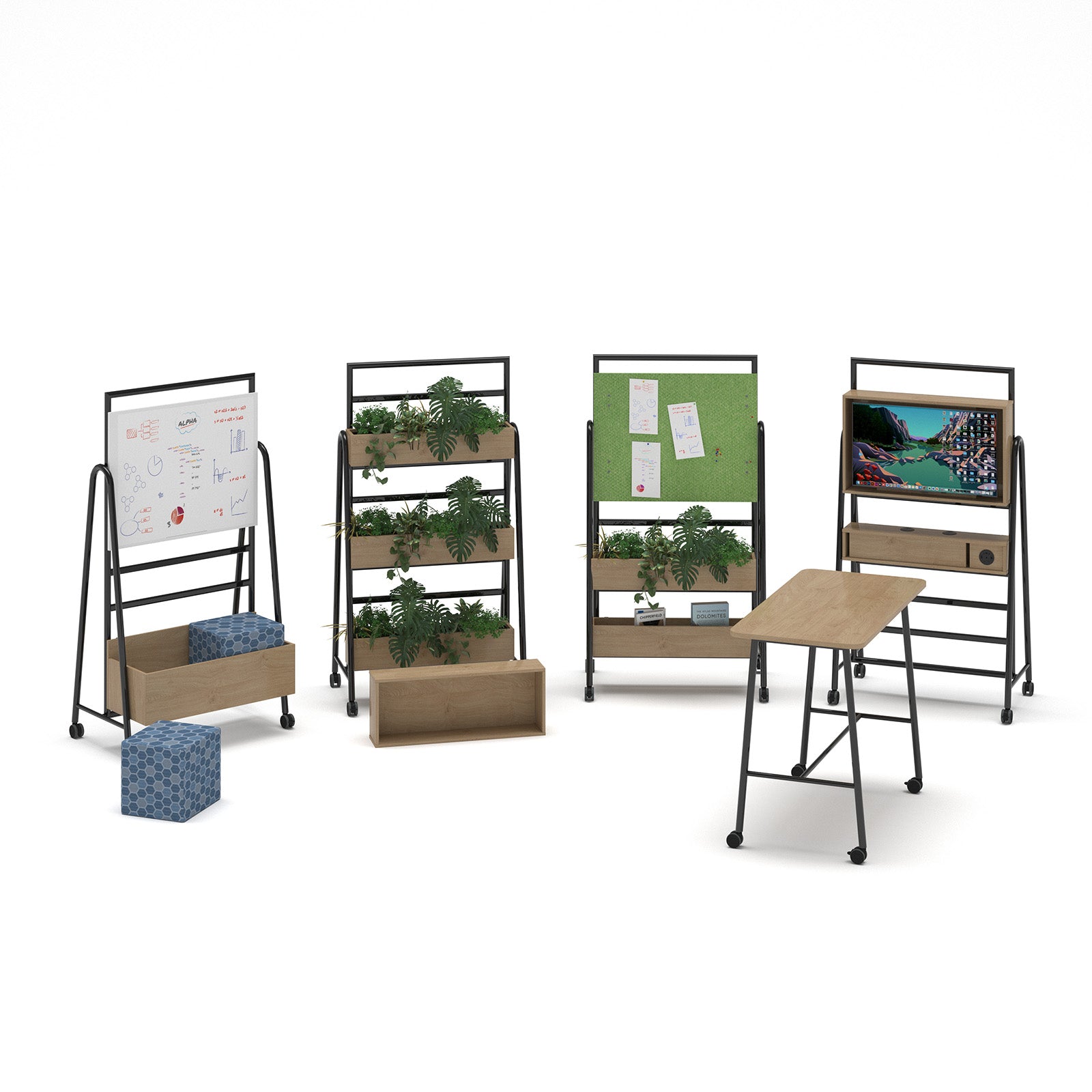Show power bar add-on with battery and Pixel power module for mobile A-frame caddy system