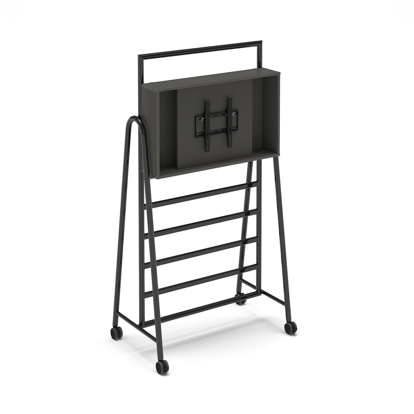 Show media unit add-on with TV bracket for mobile A-frame caddy system