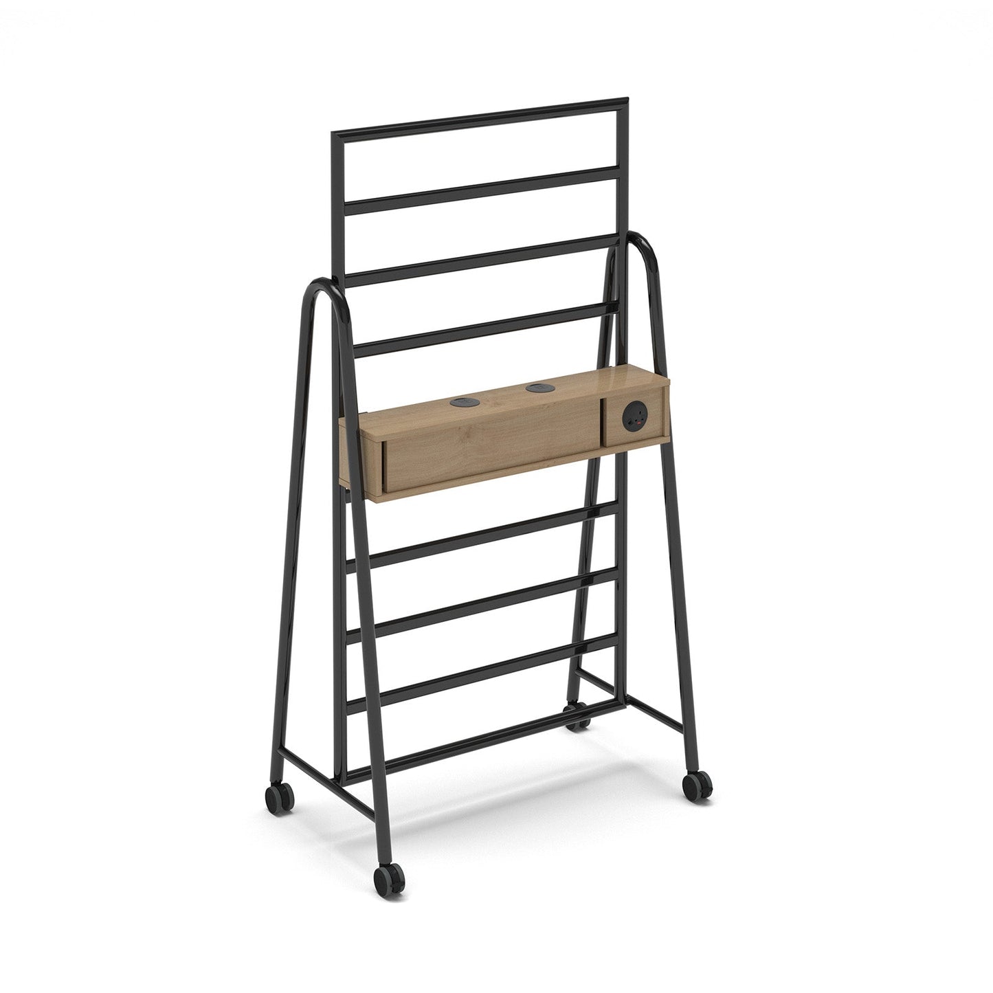 Show power bar add-on with battery and Pixel power module for mobile A-frame caddy system