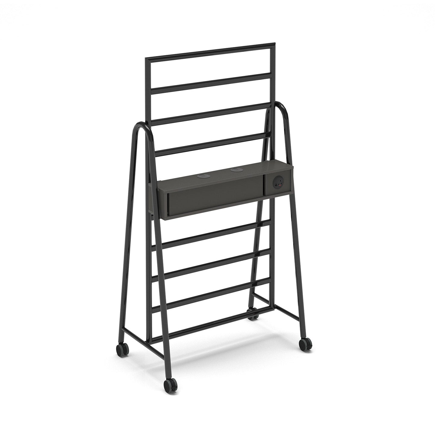 Show power bar add-on with battery and Pixel power module for mobile A-frame caddy system