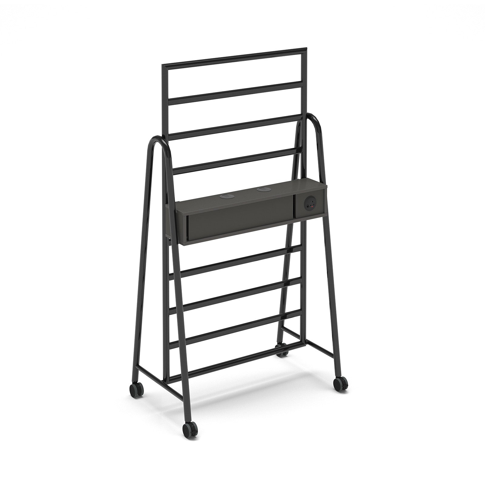 Show power bar add-on with battery and Pixel power module for mobile A-frame caddy system