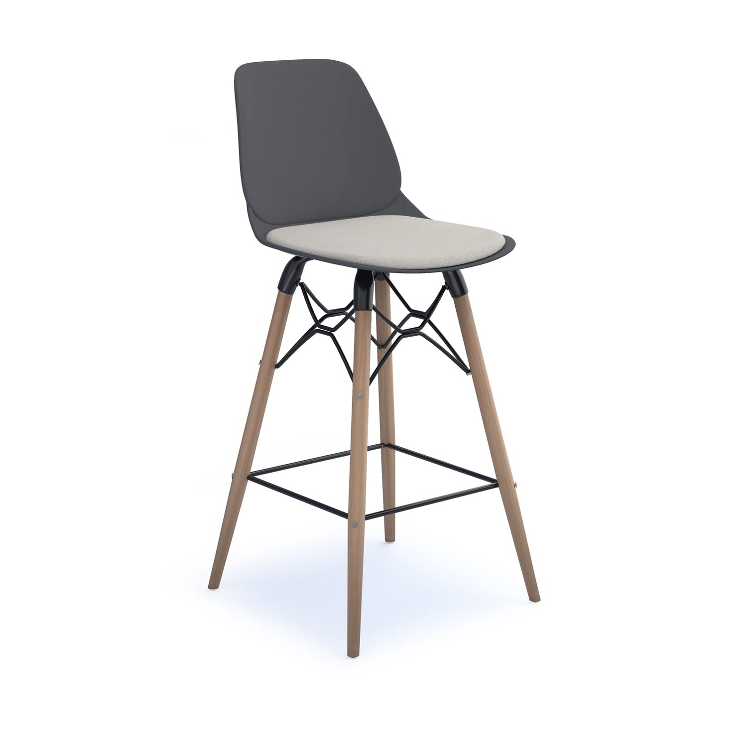 Strut stool with seat pad and natural oak frame