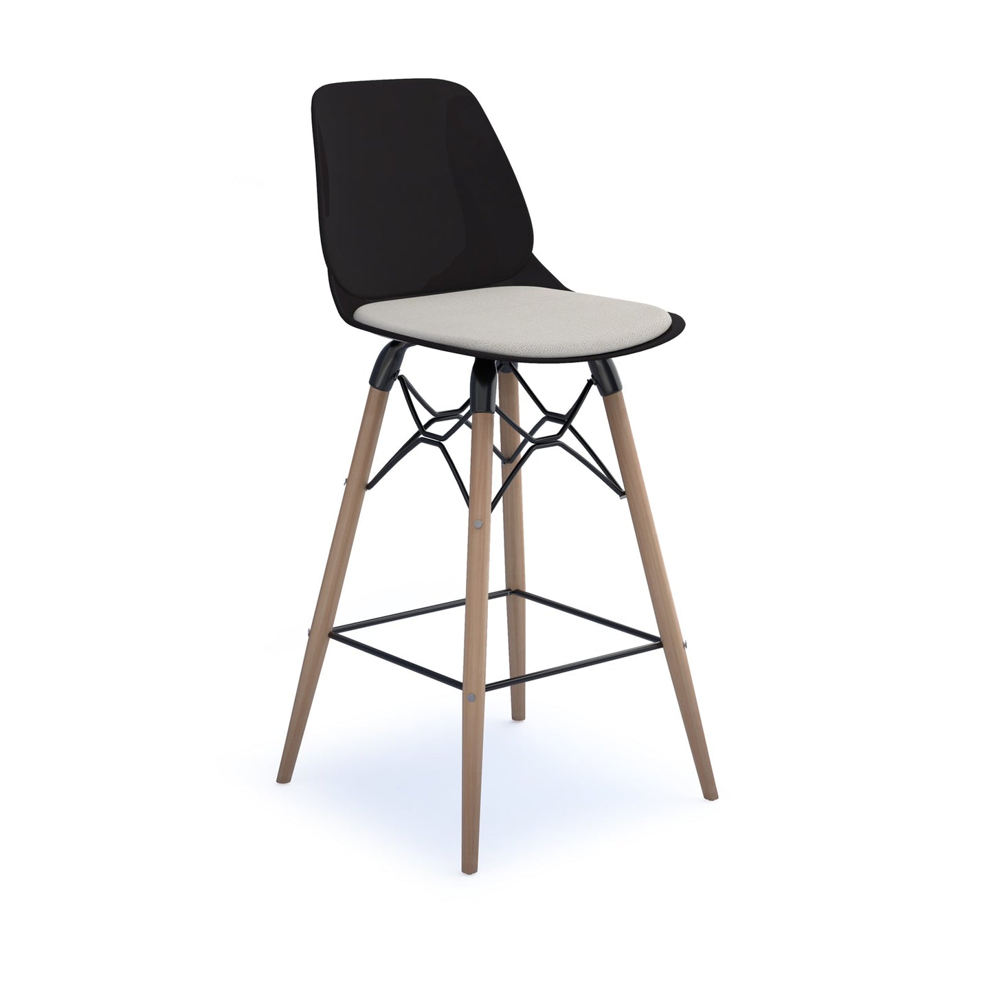 Strut stool with seat pad and natural oak frame