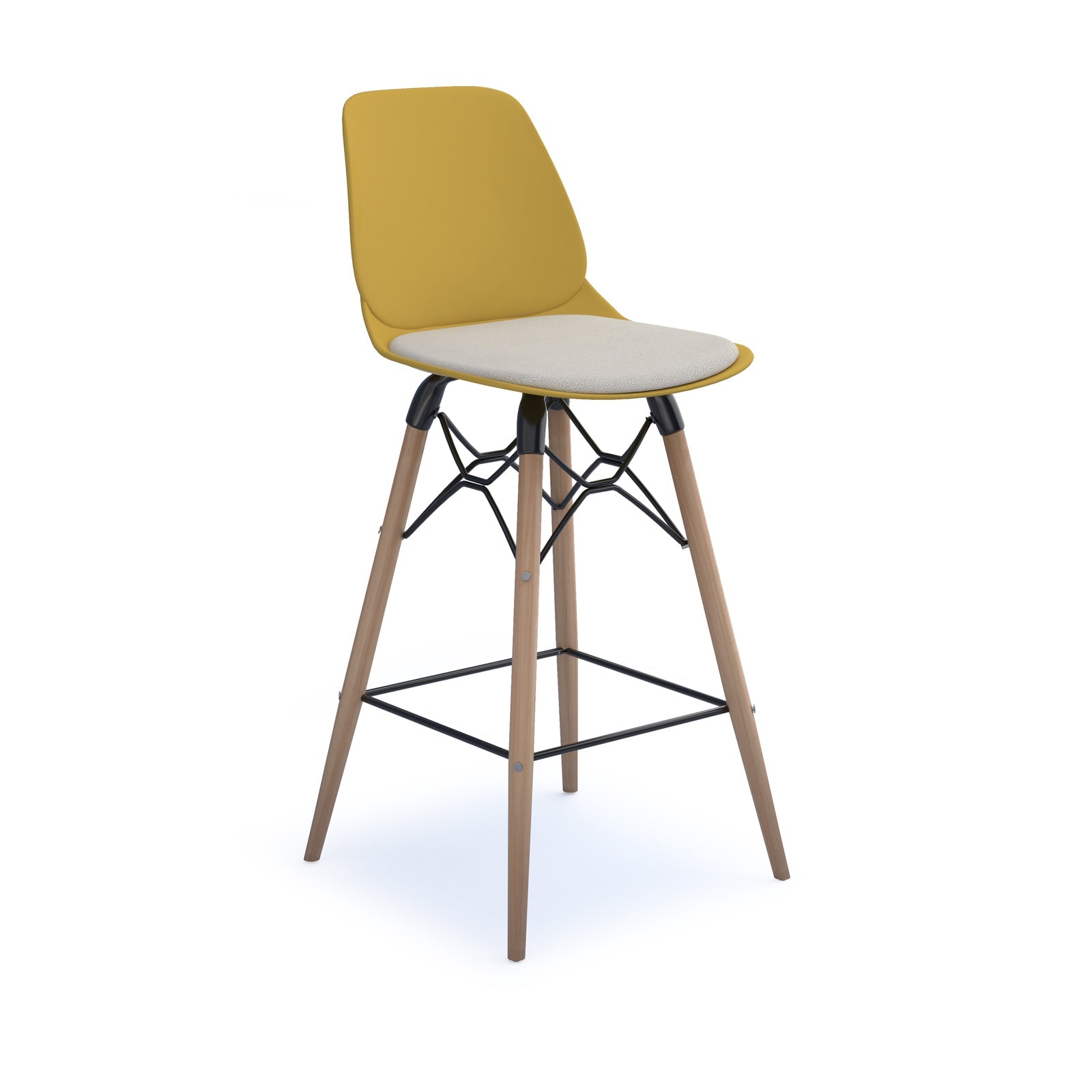 Strut stool with seat pad and natural oak frame