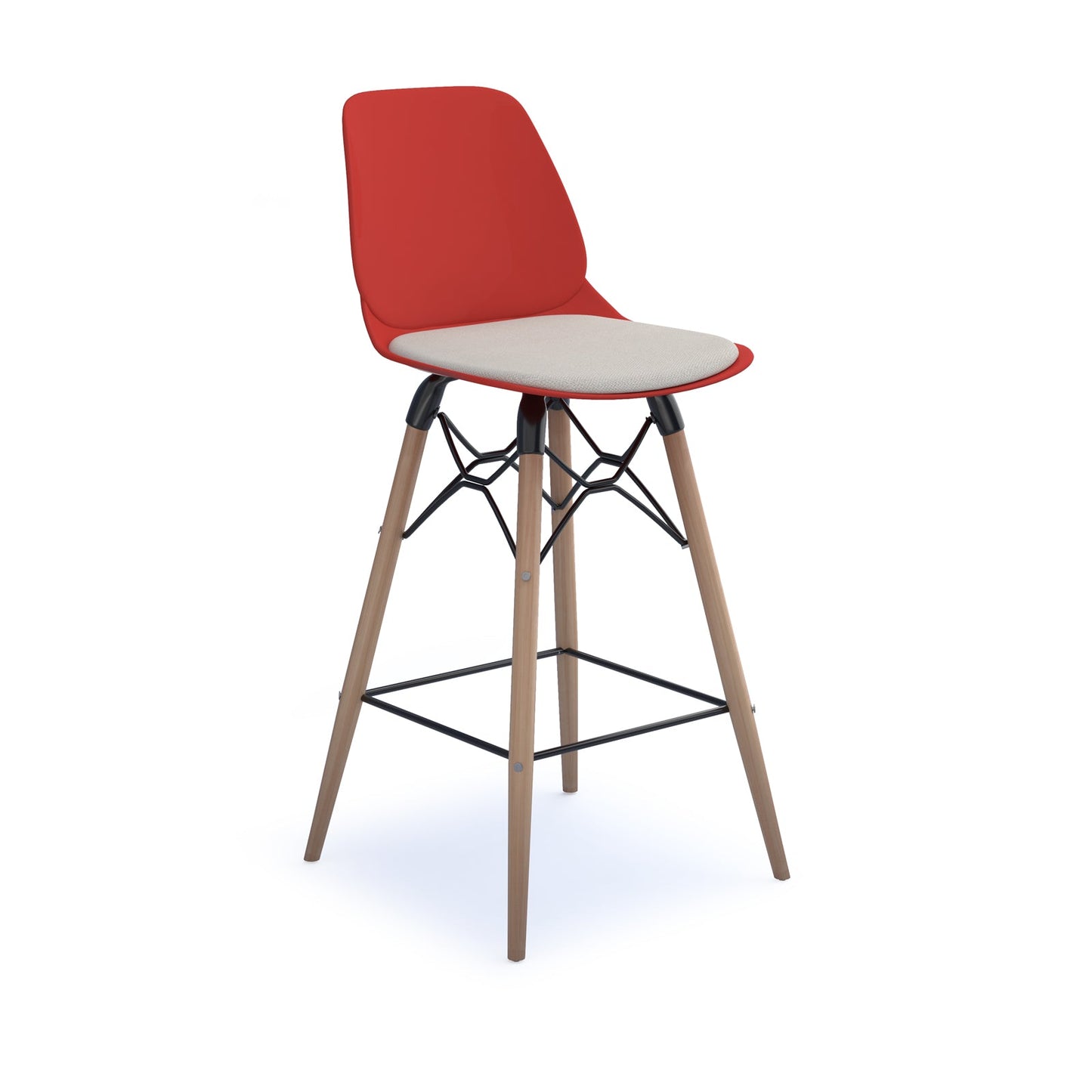 Strut stool with seat pad and natural oak frame