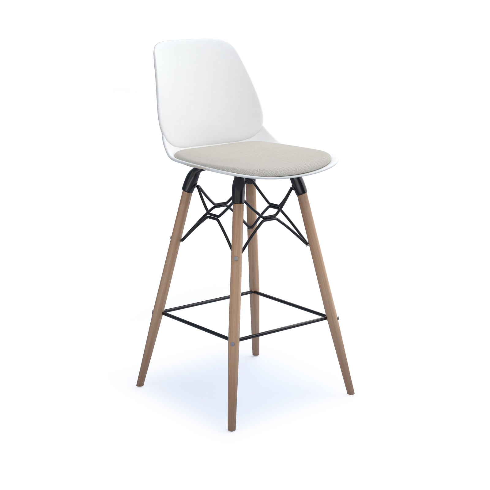 Strut stool with seat pad and natural oak frame