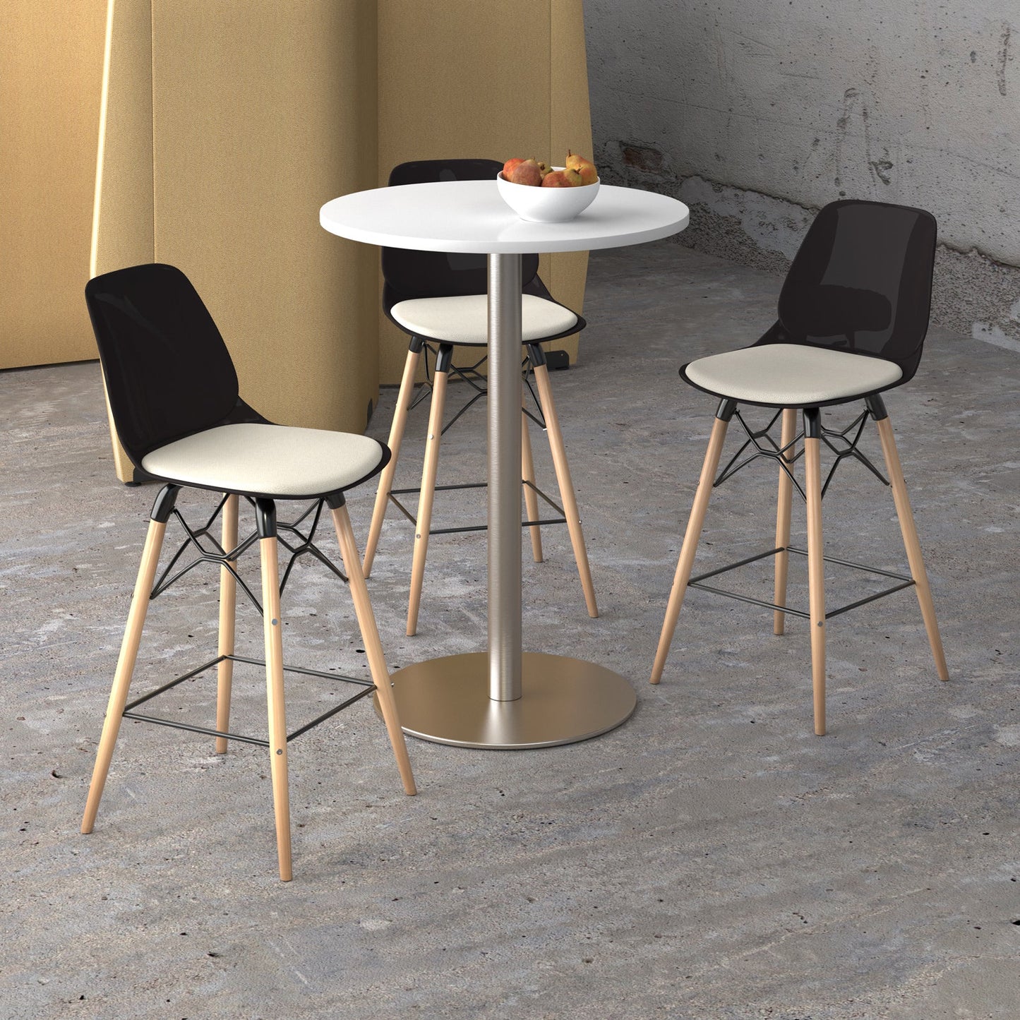 Strut stool with seat pad and chrome sled frame