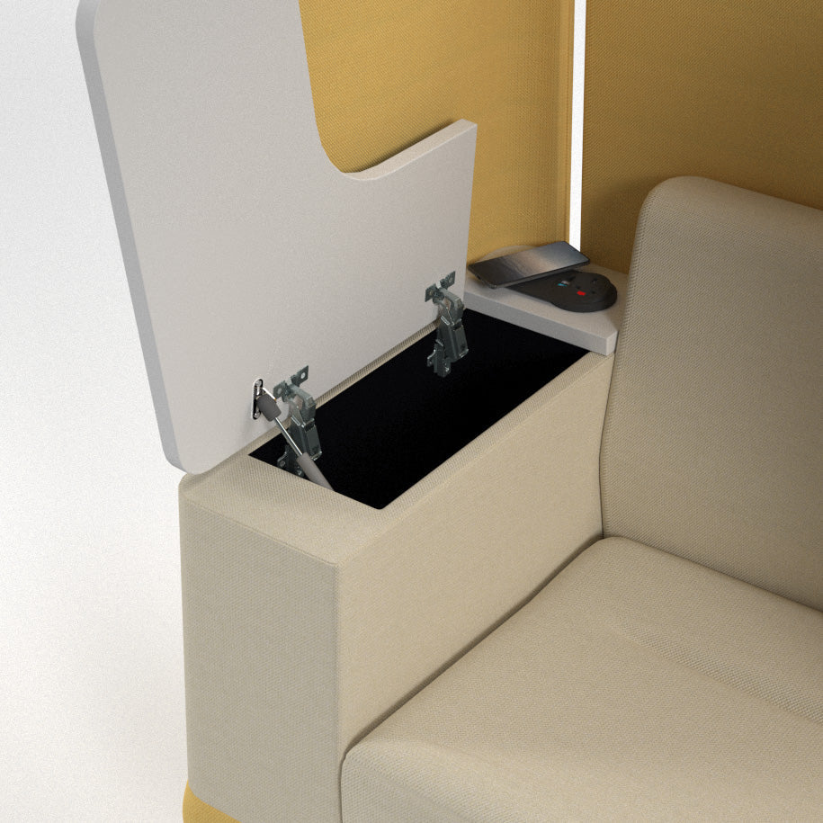 Trinity high back solo work pod sofa with power and writing tablet - Kendal oak top